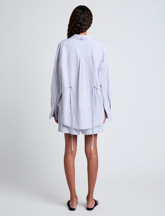 Proenza Schouler Back full length image of model wearing Caroline Shirt in Linen Shirting in Light Oxford Melange
