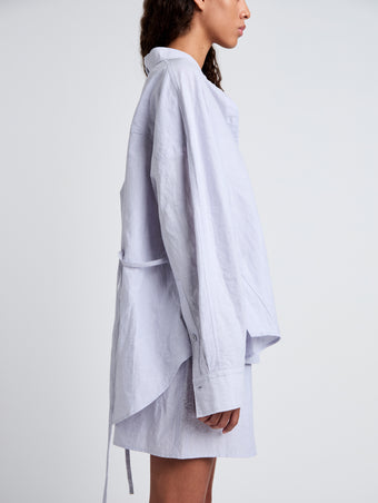 Proenza Schouler Detail image of model wearing Caroline Shirt in Linen Shirting in Light Oxford Melange