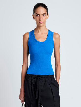Proenza Schouler Front cropped image of model wearing Jessa Tank Top in Twisted Rib in Cyan