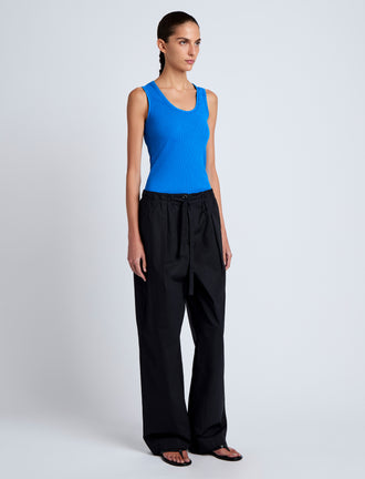 Proenza Schouler Side full length image of model wearing Jessa Tank Top in Twisted Rib in Cyan