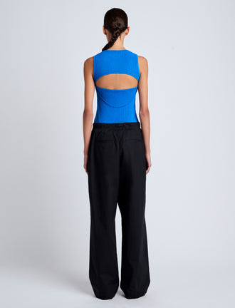 Proenza Schouler Back full length image of model wearing Jessa Tank Top in Twisted Rib in Cyan