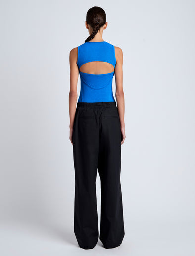 Proenza Schouler Back full length image of model wearing Jessa Tank Top in Twisted Rib in Cyan