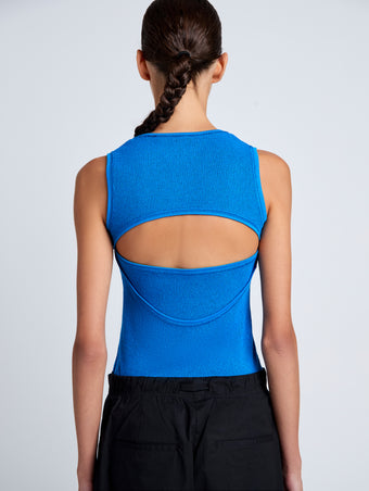 Proenza Schouler Detail image of model wearing Jessa Tank Top in Twisted Rib in Cyan