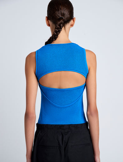 Proenza Schouler Detail image of model wearing Jessa Tank Top in Twisted Rib in Cyan