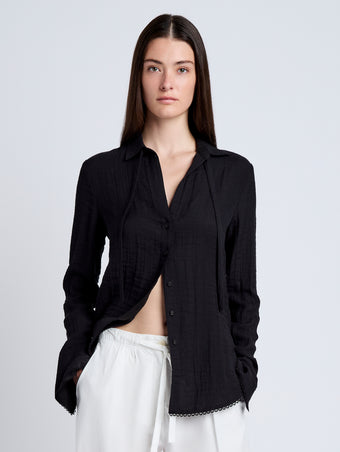 Proenza Schouler Front cropped image of model wearing Cami Shirt in Crinkle Viscose in Black