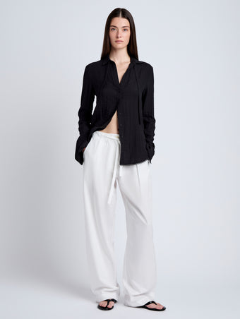 Proenza Schouler Front full length image of model wearing Cami Shirt in Crinkle Viscose in Black