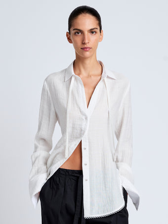 Proenza Schouler Front cropped image of model wearing Cami Shirt in Crinkle Viscose in White
