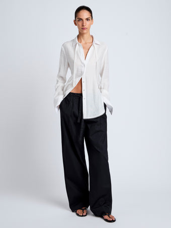 Proenza Schouler Front full length image of model wearing Cami Shirt in Crinkle Viscose in White