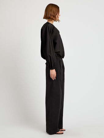 Proenza Schouler side image of model wearing Wendy Top in Tech Poplin in black