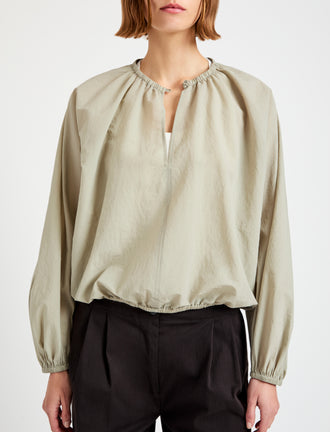 Proenza Schouler Detail image of model wearing Wendy Top in Tech Poplin in Sage