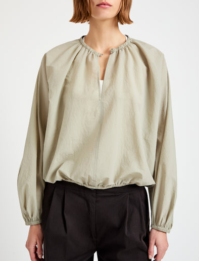 Proenza Schouler Detail image of model wearing Wendy Top in Tech Poplin in Sage