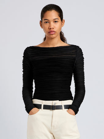 Proenza Schouler Front cropped image of model wearing Paloma Top in Textured Cotton in Black