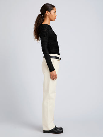 Proenza Schouler Side full length image of model wearing Paloma Top in Textured Cotton in Black