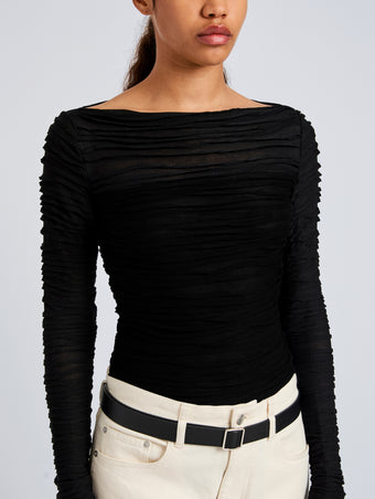 Proenza Schouler Detail image of model wearing Paloma Top in Textured Cotton in Black