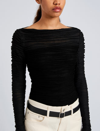 Proenza Schouler Detail image of model wearing Paloma Top in Textured Cotton in Black