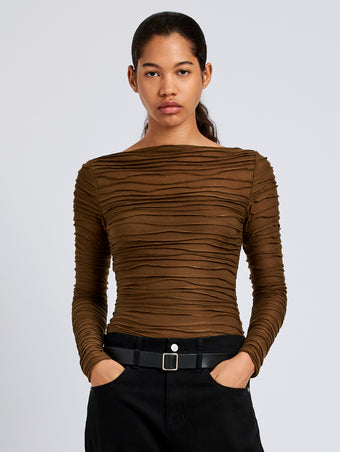 Proenza Schouler Front cropped image of model wearing Paloma Top in Textured Cotton in Wood