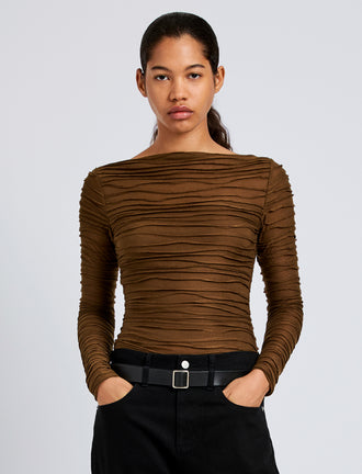 Proenza Schouler Front cropped image of model wearing Paloma Top in Textured Cotton in Wood