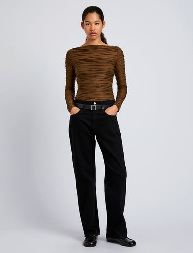 Proenza Schouler Front full length image of model wearing Paloma Top in Textured Cotton in Wood