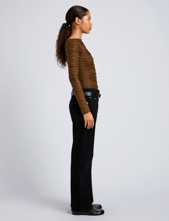 Proenza Schouler Side full length image of model wearing Paloma Top in Textured Cotton in Wood