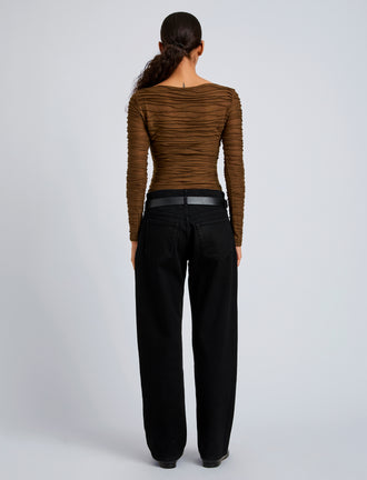 Proenza Schouler Back full length image of model wearing Paloma Top in Textured Cotton in Wood