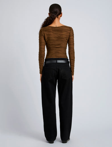Proenza Schouler Back full length image of model wearing Paloma Top in Textured Cotton in Wood