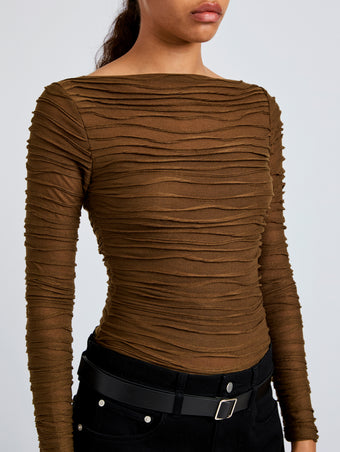 Proenza Schouler Detail image of model wearing Paloma Top in Textured Cotton in Wood