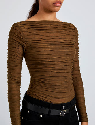 Proenza Schouler Detail image of model wearing Paloma Top in Textured Cotton in Wood