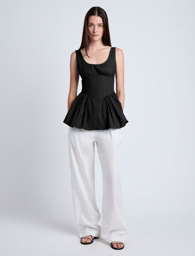 Proenza Schouler Front full length image of model wearing Bader Top in Stretch Poplin in Black