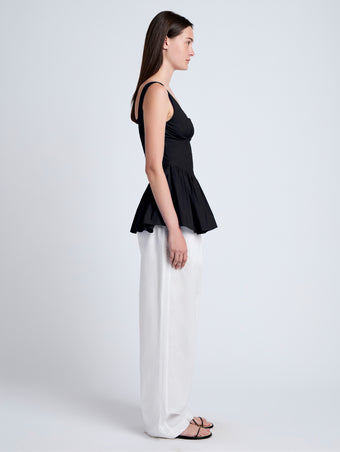 Proenza Schouler Side full length image of model wearing Bader Top in Stretch Poplin in Black