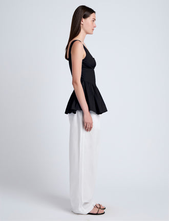 Proenza Schouler Side full length image of model wearing Bader Top in Stretch Poplin in Black