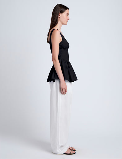 Proenza Schouler Side full length image of model wearing Bader Top in Stretch Poplin in Black