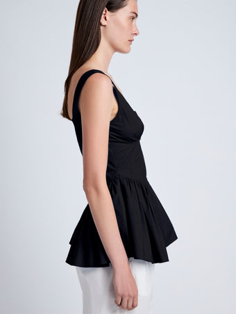 Proenza Schouler Detail image of model wearing Bader Top in Stretch Poplin in Black
