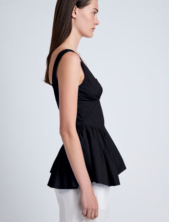 Proenza Schouler Detail image of model wearing Bader Top in Stretch Poplin in Black