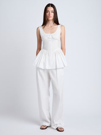 Proenza Schouler Front full length image of model wearing Bader Top in Stretch Poplin in White