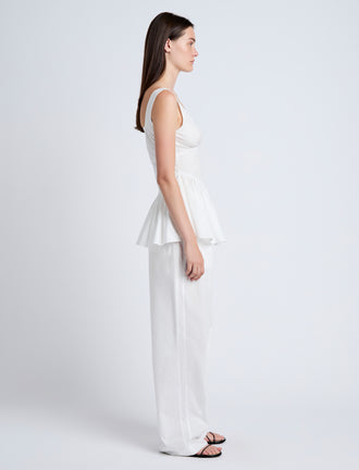 Proenza Schouler Side full length image of model wearing Bader Top in Stretch Poplin in White