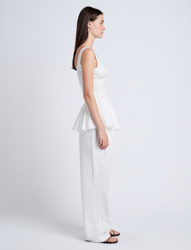 Proenza Schouler Side full length image of model wearing Bader Top in Stretch Poplin in White