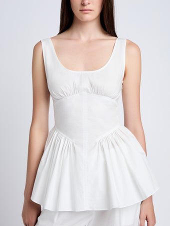 Proenza Schouler Detail image of model wearing Bader Top in Stretch Poplin in White