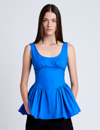 Proenza Schouler Front cropped image of model wearing Bader Top in Stretch Poplin in Cyan