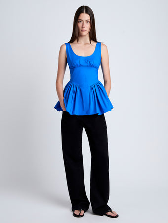 Proenza Schouler Front full length image of model wearing Bader Top in Stretch Poplin in Cyan