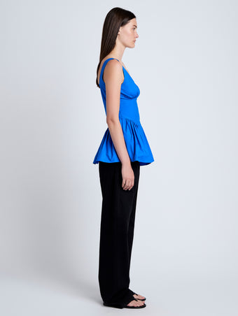 Proenza Schouler Side full length image of model wearing Bader Top in Stretch Poplin in Cyan
