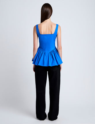 Proenza Schouler Back full length image of model wearing Bader Top in Stretch Poplin in Cyan