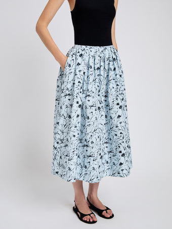 Proenza Schouler detail image of model wearing Austin Skirt in Printed Poplin in frost/black