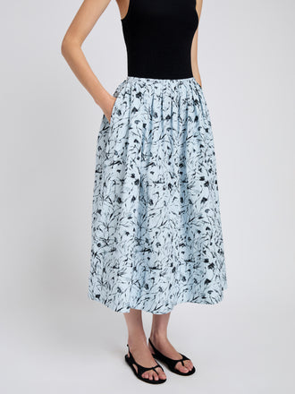 Proenza Schouler detail image of model wearing Austin Skirt in Printed Poplin in frost/black