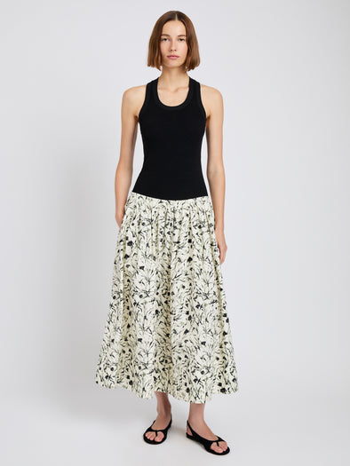 Proenza Schouler front image of model wearing Austin Skirt in Printed Poplin in light butter/black