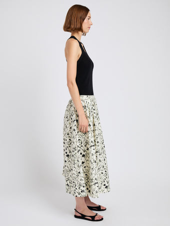 Proenza Schouler side image of model wearing Austin Skirt in Printed Poplin in light butter/black