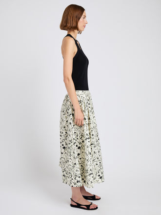 Proenza Schouler side image of model wearing Austin Skirt in Printed Poplin in light butter/black