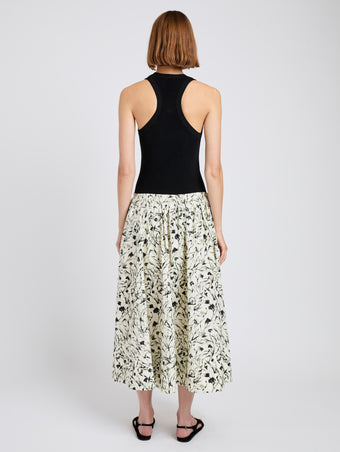 Proenza Schouler back image of model wearing Austin Skirt in Printed Poplin in light butter/black