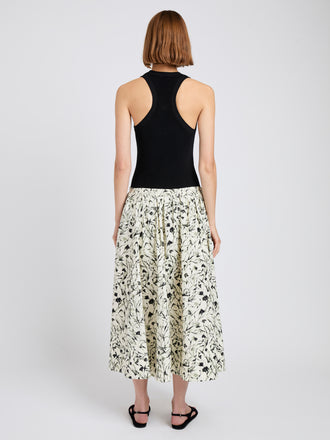 Proenza Schouler back image of model wearing Austin Skirt in Printed Poplin in light butter/black
