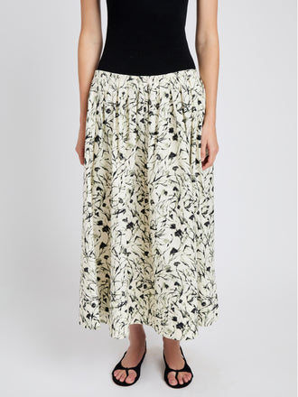 Proenza Schouler detail image of model wearing Austin Skirt in Printed Poplin in light butter/black