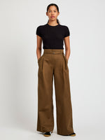 Proenza Schouler Front full length image of model wearing Raver Pant in Fine Herringbone in Wood